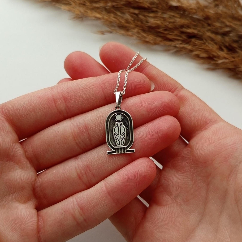 Vintage Minimalist Necklace – Ancient Egyptian Scarab and Sun Symbol – 925 Sterling Silver Pendant