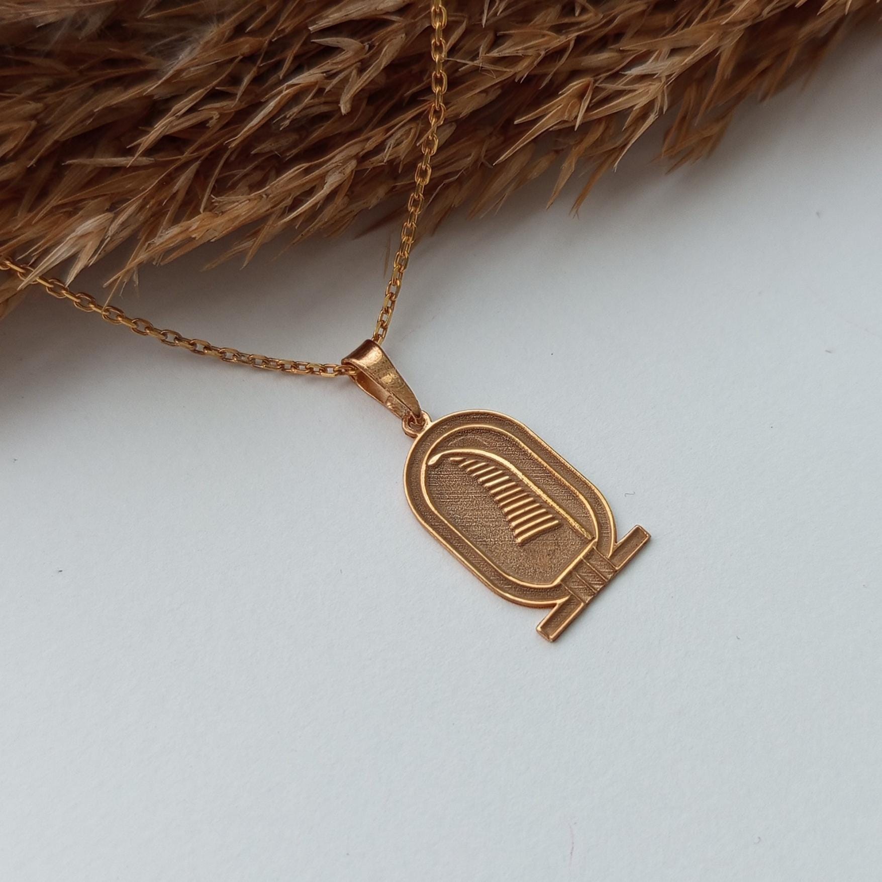 Gold Feather Pendant Necklace – Ancient Egyptian Inspired  – 925 Sterling Silver Gold Plated Hieroglyph