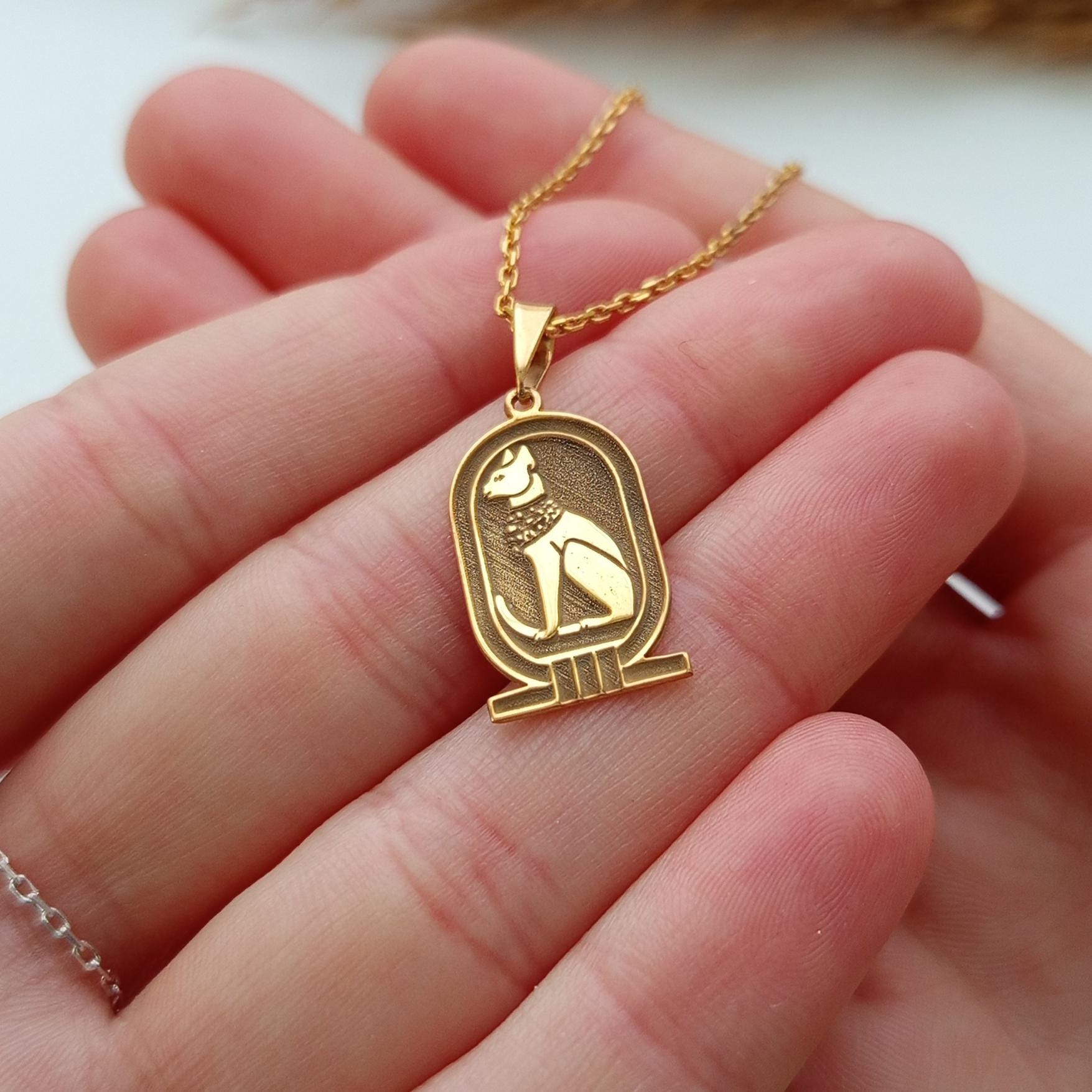 Gold Ancient Egyptian Cat Pendant Necklace – 925 Sterling Silver Gold Plated Bastet-Inspired Jewelry
