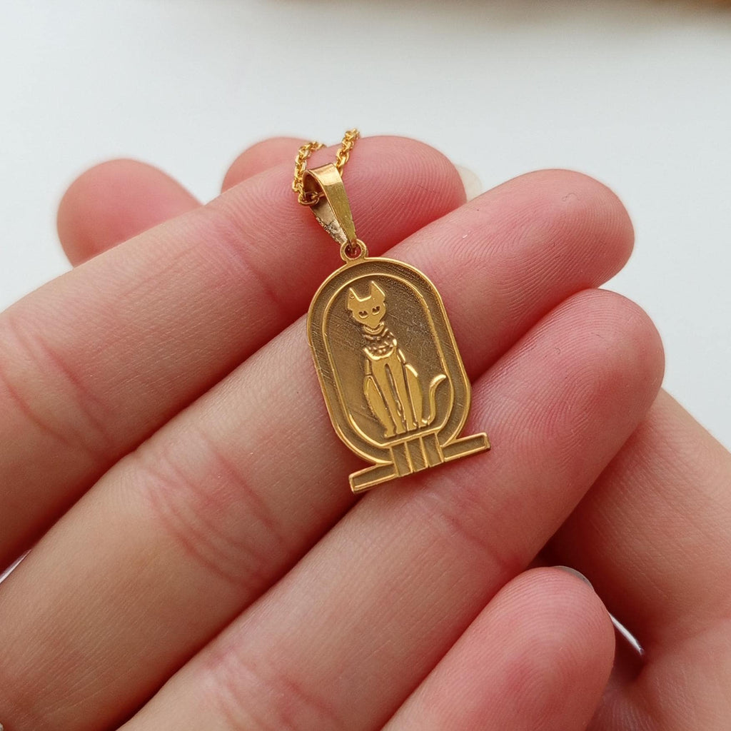 Gold Vintage Necklace – Ancient Egyptian Cat Symbol – 925 Sterling Silver gold plated Minimalist Pendant
