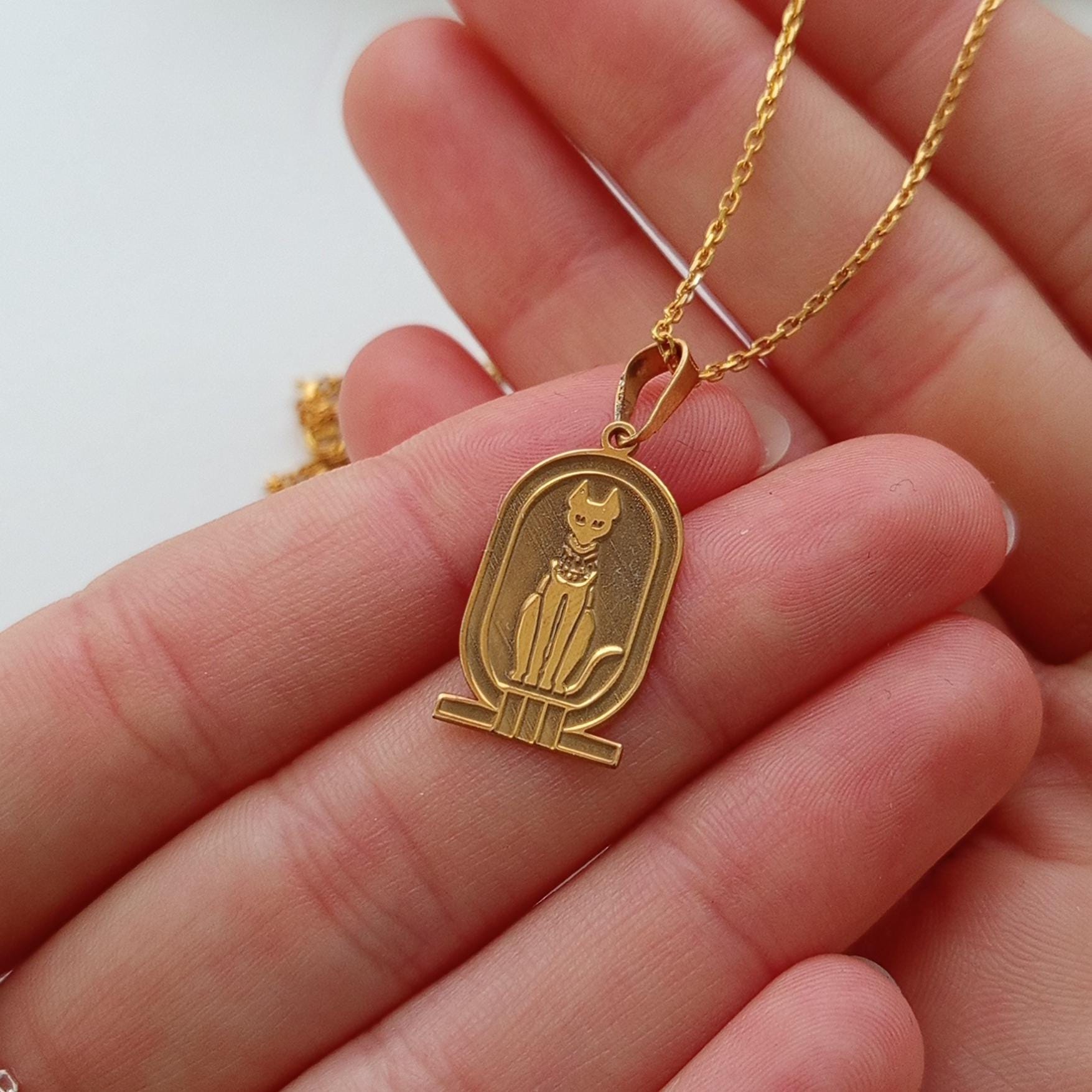 Gold Vintage Necklace – Ancient Egyptian Cat Symbol – 925 Sterling Silver gold plated Minimalist Pendant