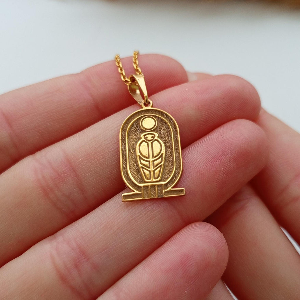 Gold Scarab Necklace – Egyptian Sun Symbol, Sterling Silver Pendant
