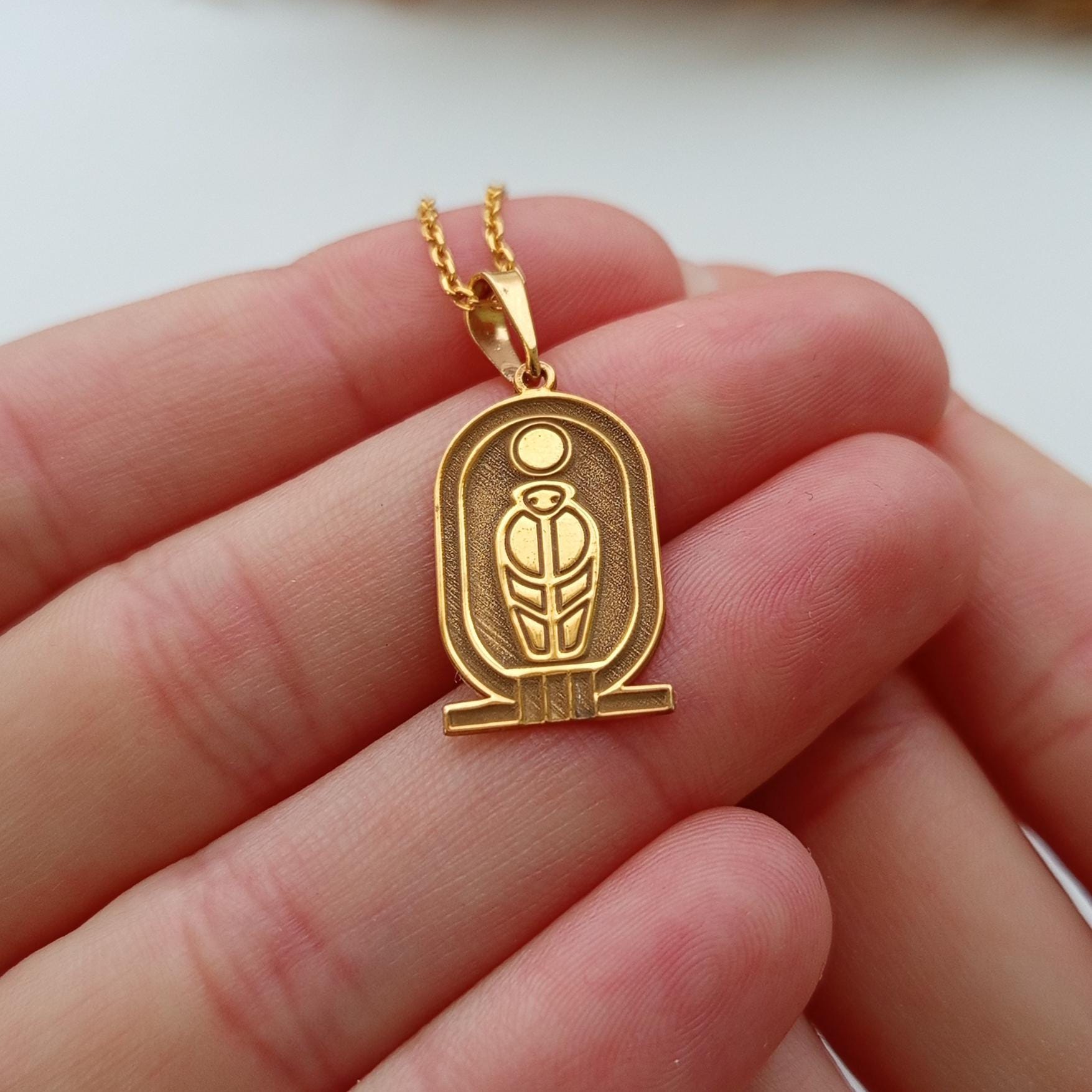 Gold Scarab Necklace – Egyptian Sun Symbol, Sterling Silver Pendant