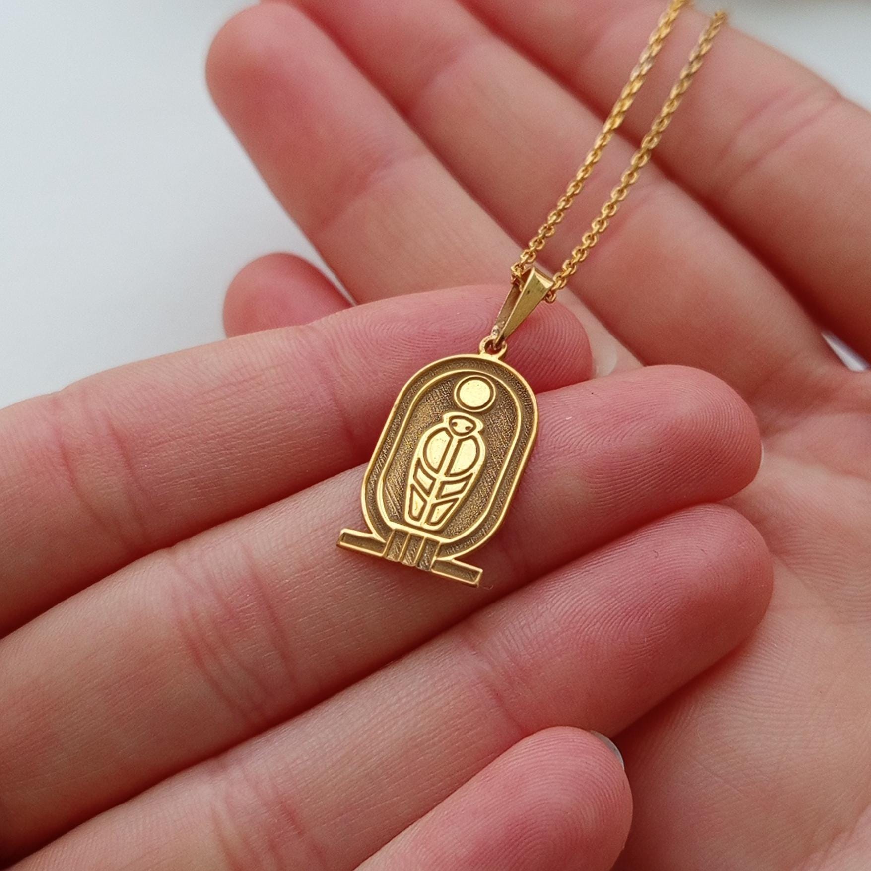 Gold Scarab Necklace – Egyptian Sun Symbol, Sterling Silver Pendant