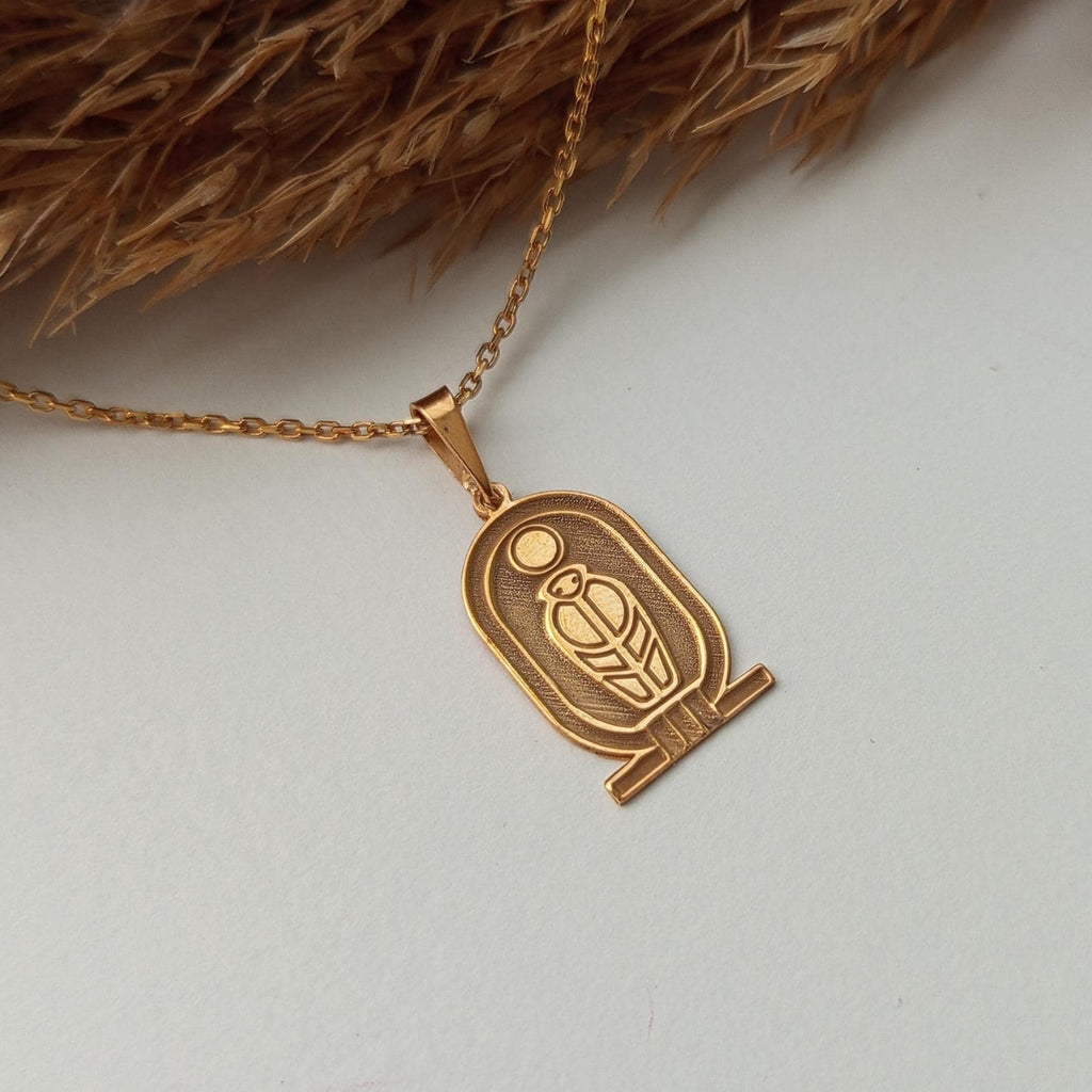 Gold Scarab Necklace – Egyptian Sun Symbol, Sterling Silver Pendant