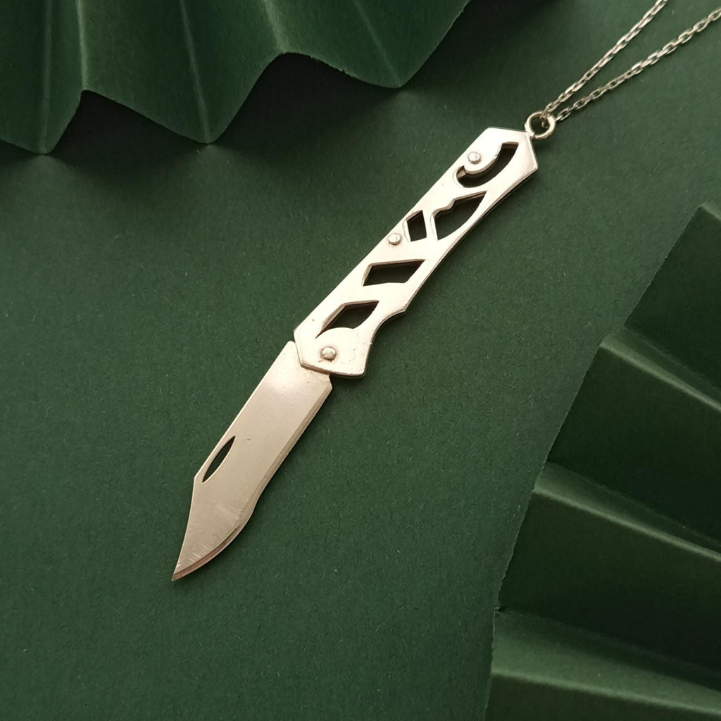 Sterling Silver Folding Knife Pendant Necklace – Minimalist Edgy Design
