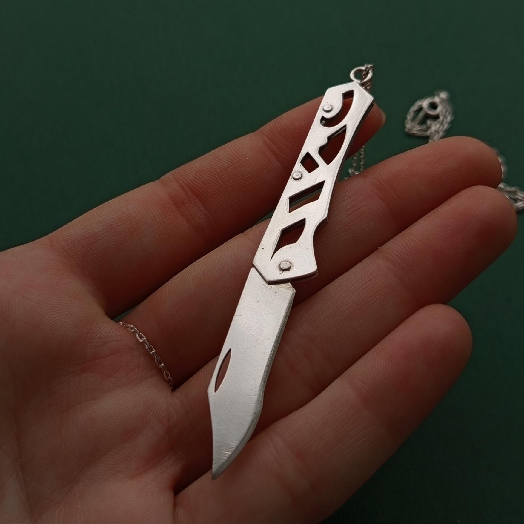 Sterling Silver Folding Knife Pendant Necklace – Minimalist Edgy Design