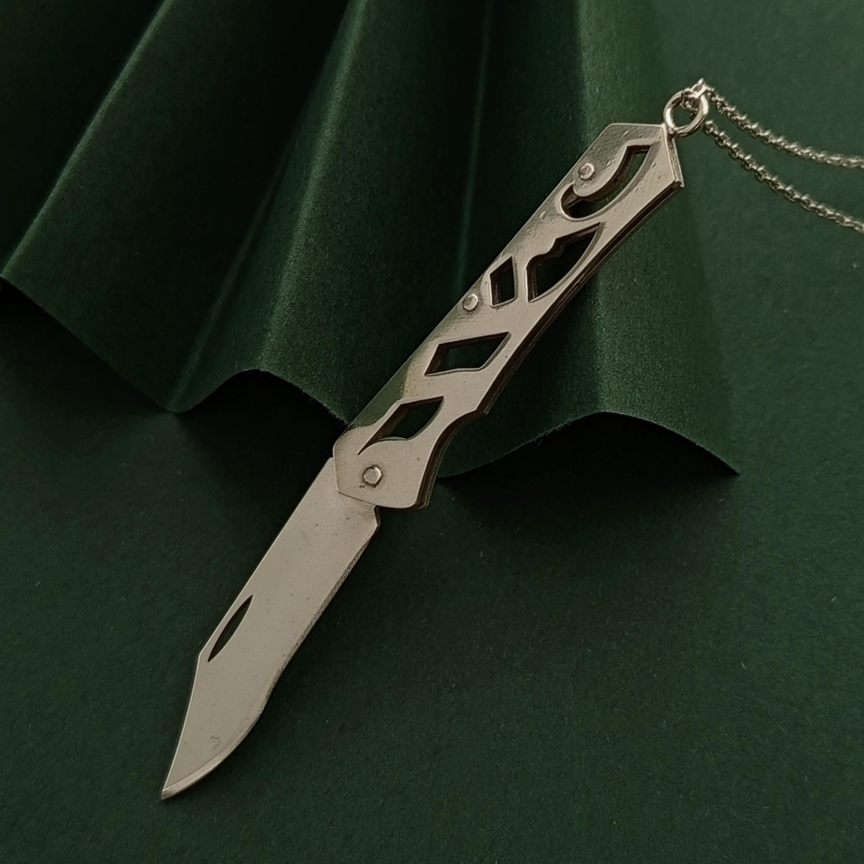 Sterling Silver Folding Knife Pendant Necklace – Minimalist Edgy Design