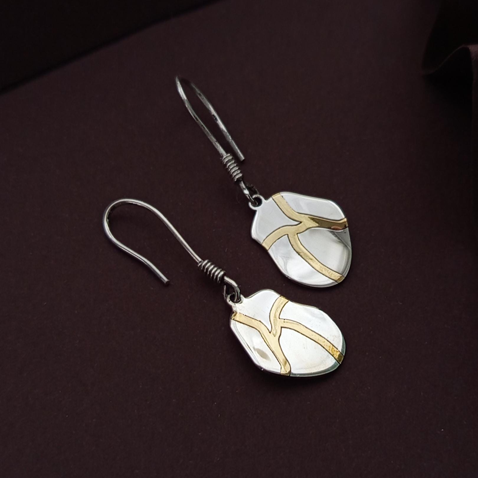 Kintsugi Earrings – Sterling Silver & Gold Inspired Dangle Earrings, Minimalist Healing Jewelry, Gift for Her