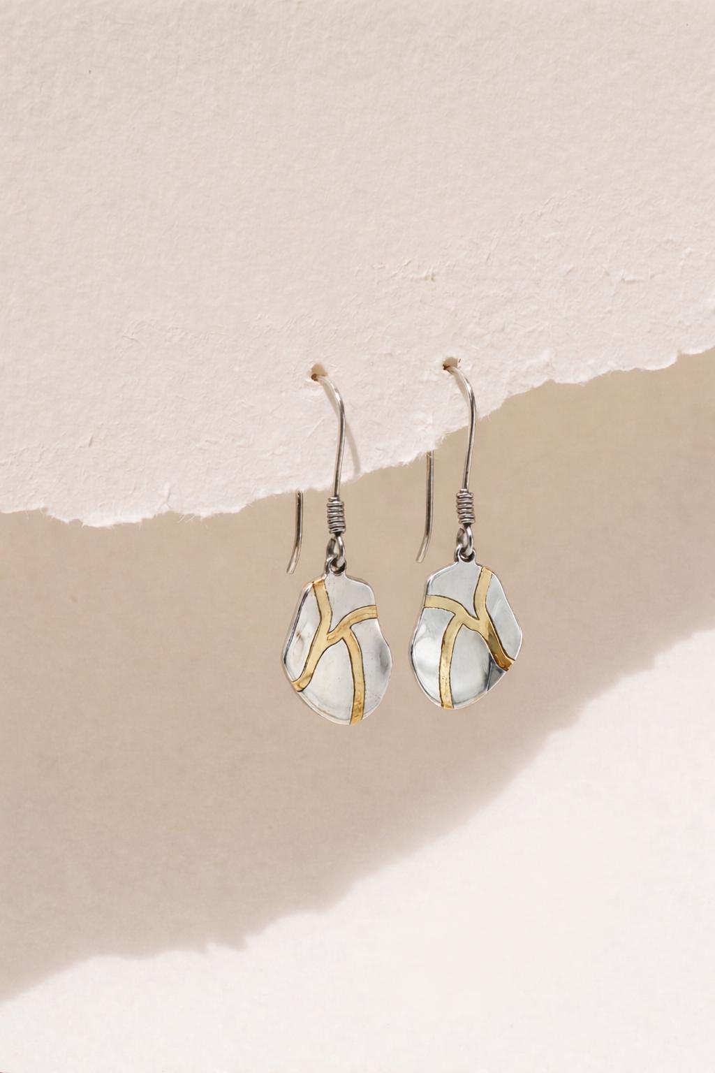 Kintsugi Earrings – Sterling Silver & Gold Inspired Dangle Earrings, Minimalist Healing Jewelry, Gift for Her