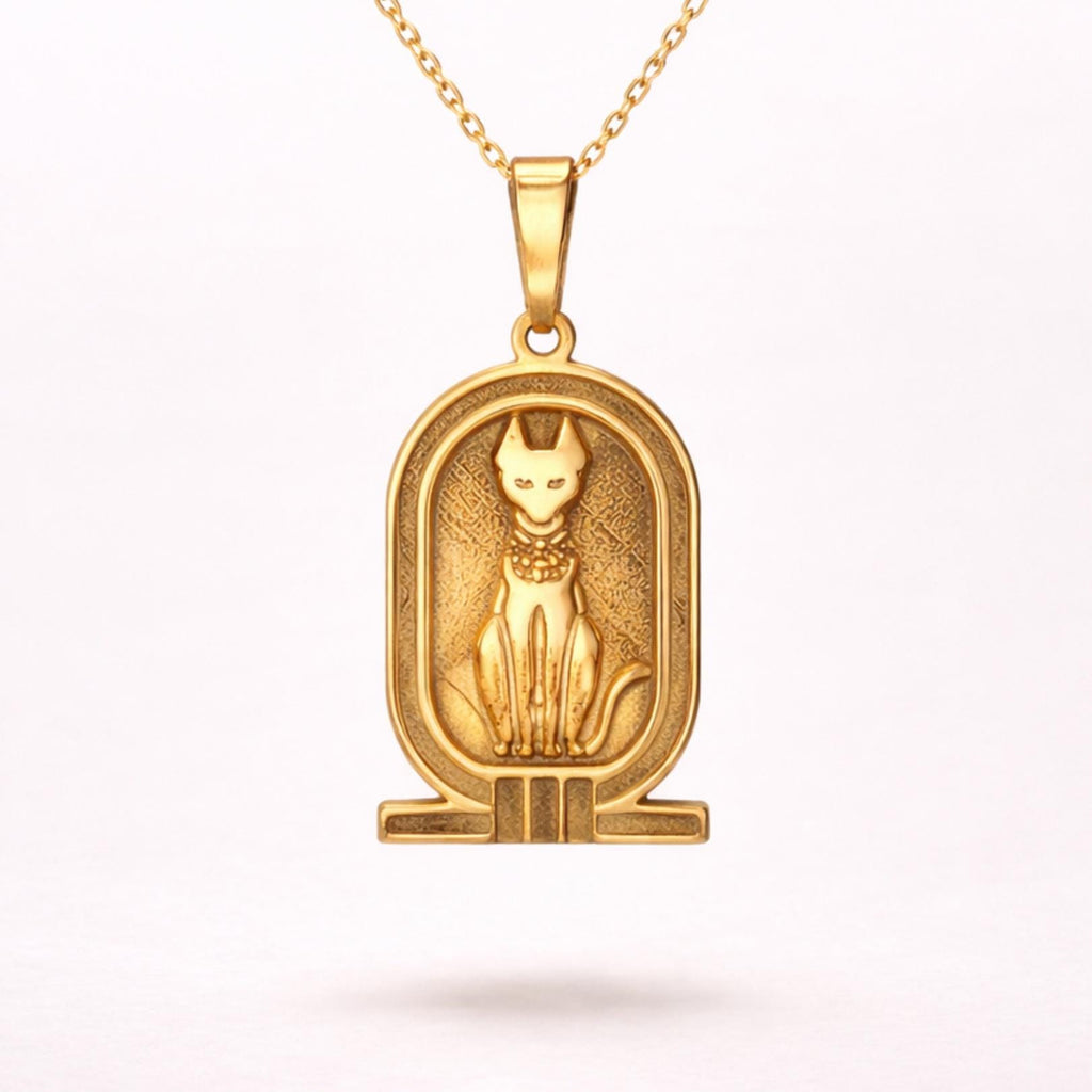 Gold Vintage Necklace – Ancient Egyptian Cat Symbol – 925 Sterling Silver gold plated Minimalist Pendant