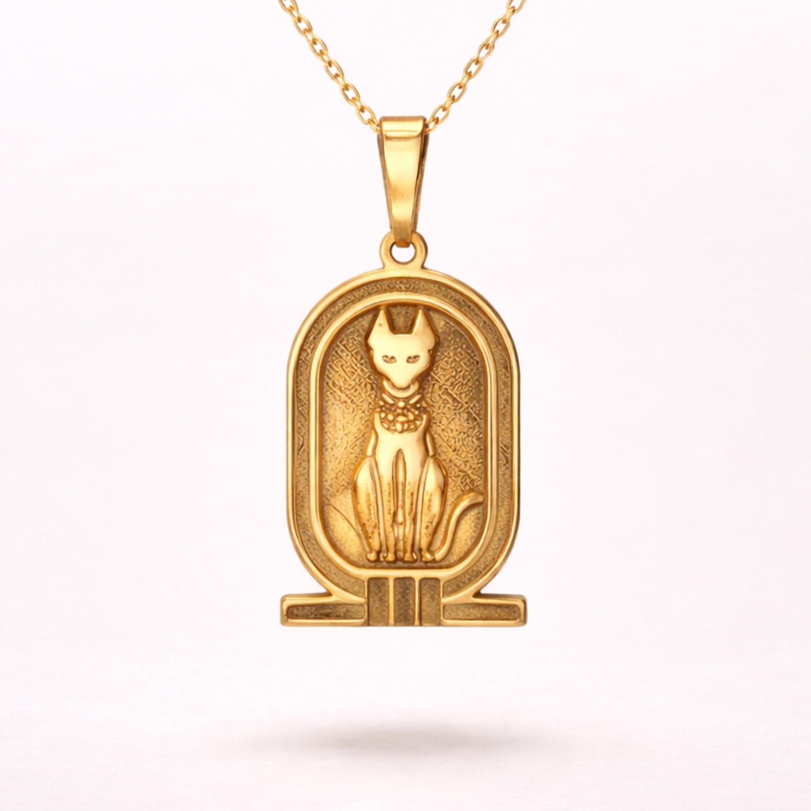 Gold Vintage Necklace – Ancient Egyptian Cat Symbol – 925 Sterling Silver gold plated Minimalist Pendant