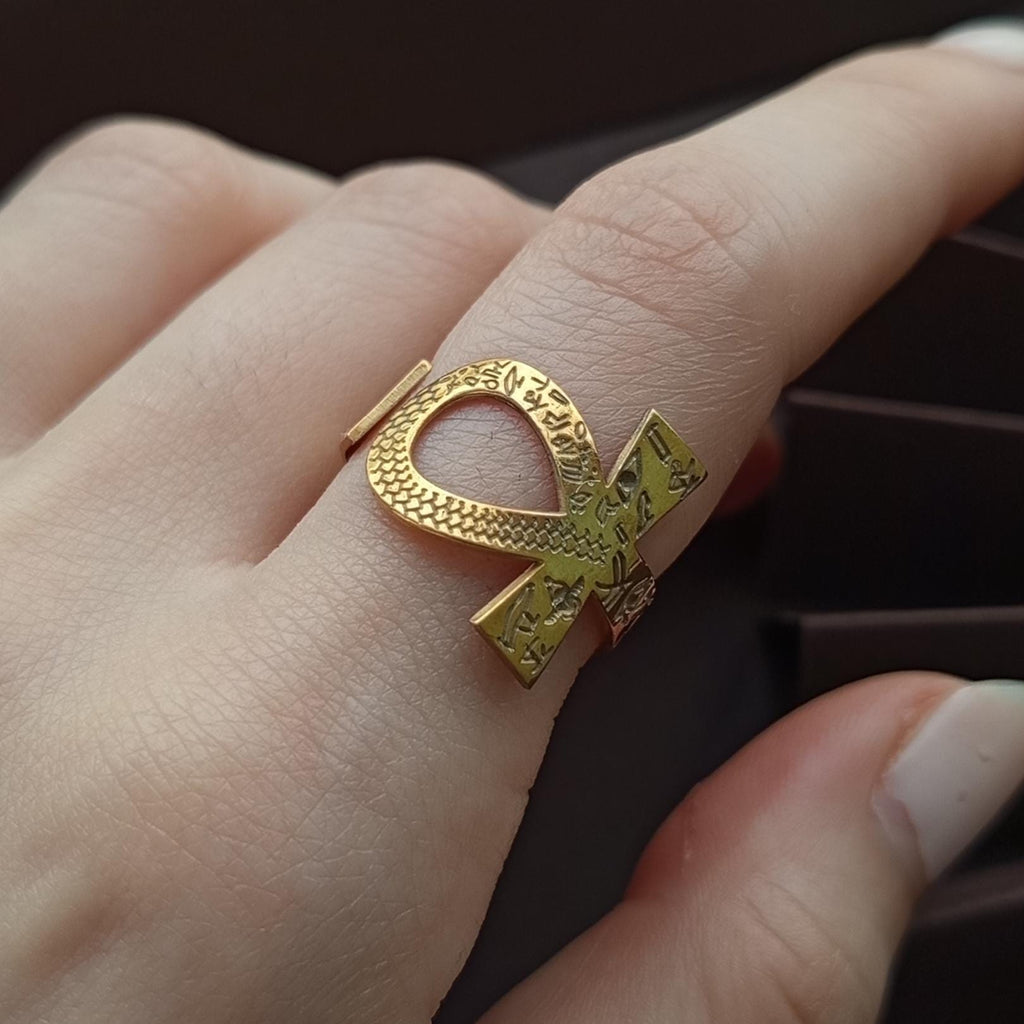 Ankh Ring with Hieroglyphs – 925 Sterling Silver Gold Plated Ancient Egyptian Open Band Design