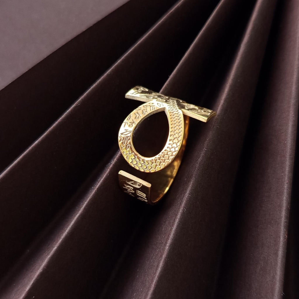 Ankh Ring with Hieroglyphs – 925 Sterling Silver Gold Plated Ancient Egyptian Open Band Design