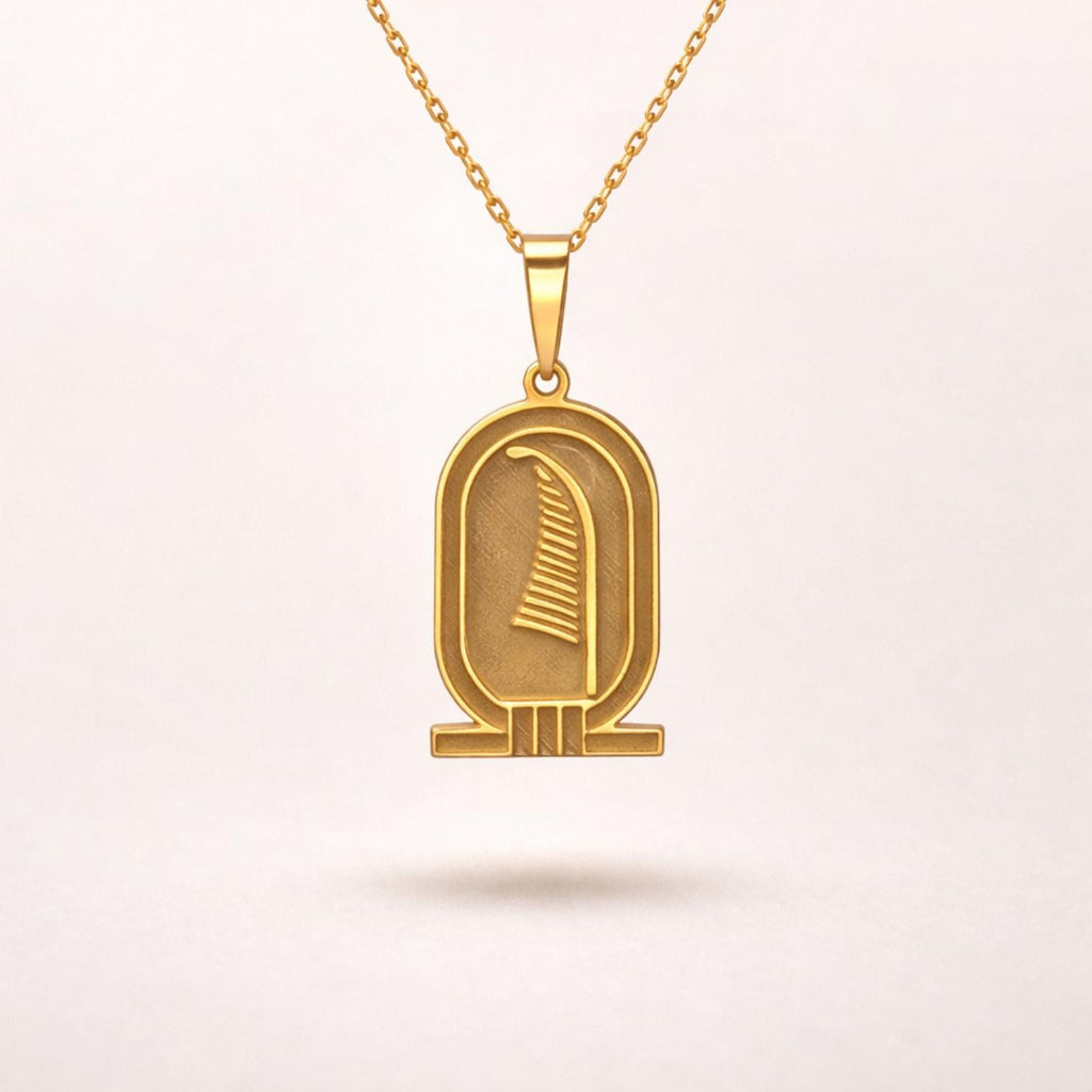 Gold Feather Pendant Necklace – Ancient Egyptian Inspired  – 925 Sterling Silver Gold Plated Hieroglyph