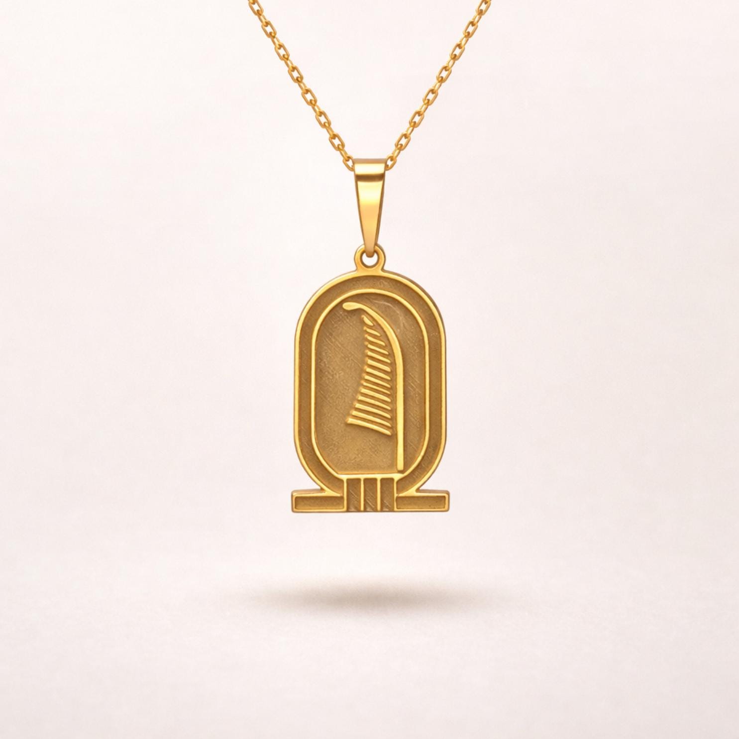 Gold Feather Pendant Necklace – Ancient Egyptian Inspired  – 925 Sterling Silver Gold Plated Hieroglyph