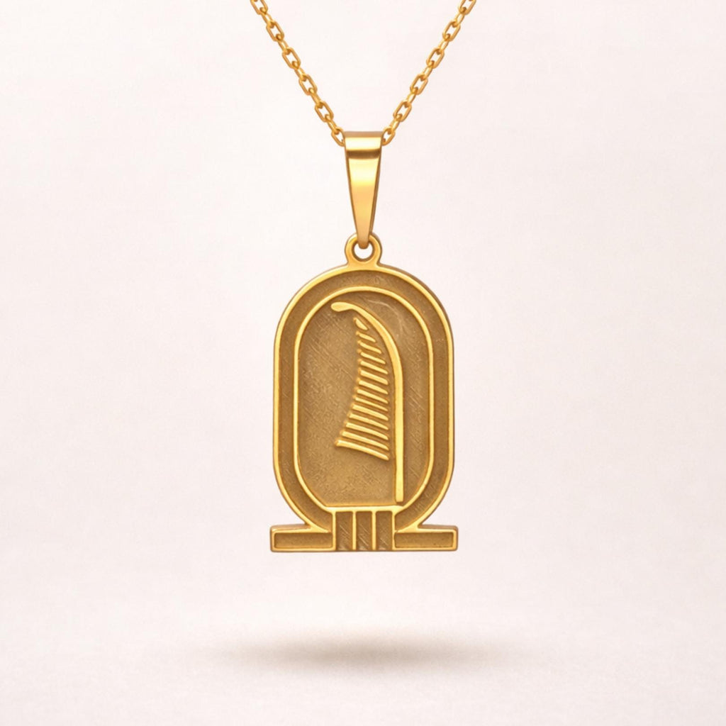 Gold Feather Pendant Necklace – Ancient Egyptian Inspired  – 925 Sterling Silver Gold Plated Hieroglyph