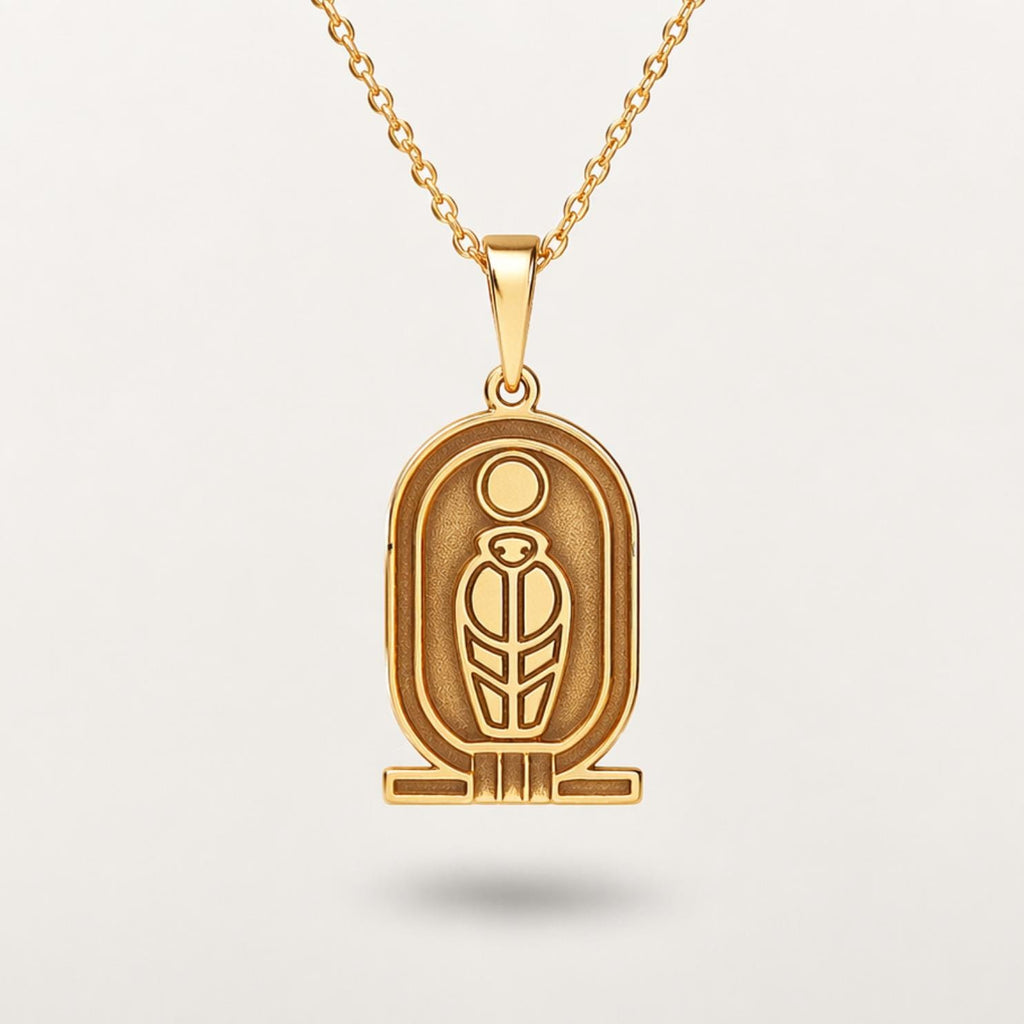 Gold Scarab Necklace – Egyptian Sun Symbol, Sterling Silver Pendant