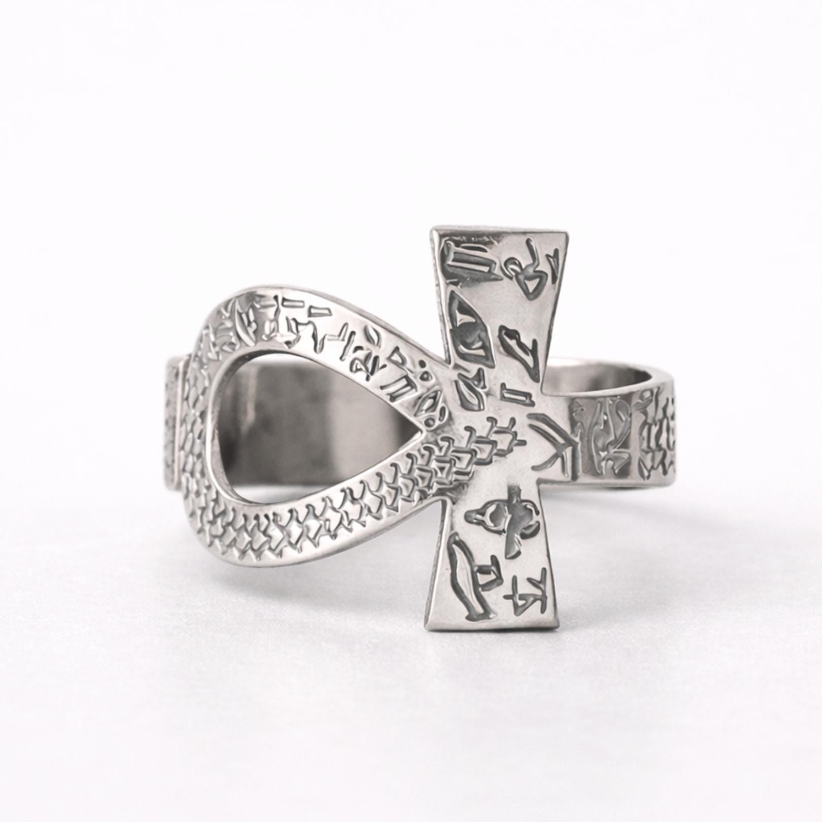 Ankh Ring with Hieroglyphs – 925 Sterling Silver Gold Plated Ancient Egyptian Open Band Design