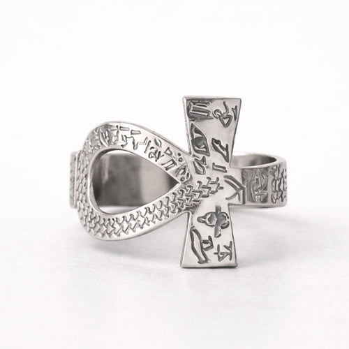 Ankh Ring with Hieroglyphs – 925 Sterling Silver Gold Plated Ancient Egyptian Open Band Design