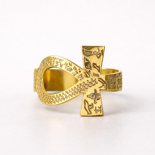 Ankh Ring – 925 Sterling Silver Engraved Hieroglyphs, Open Band Egyptian Jewelry, Gift For Her
