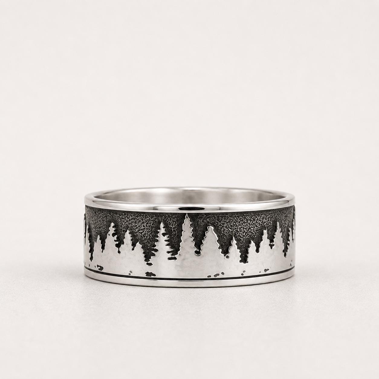 Sterling Silver Mountain and Trees Ring – Unisex Nature Landscape Band, Minimalist Forest Ring