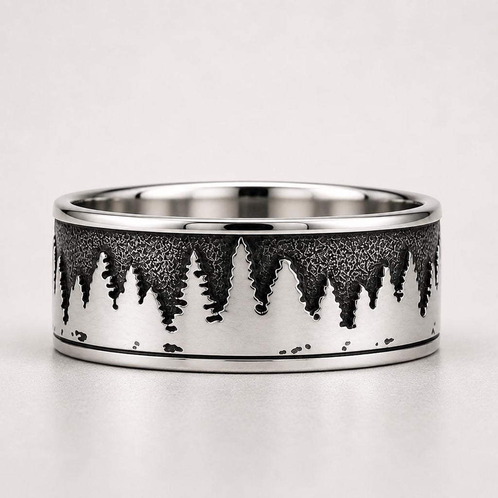 Sterling Silver Mountain and Trees Ring – Unisex Nature Landscape Band, Minimalist Forest Ring