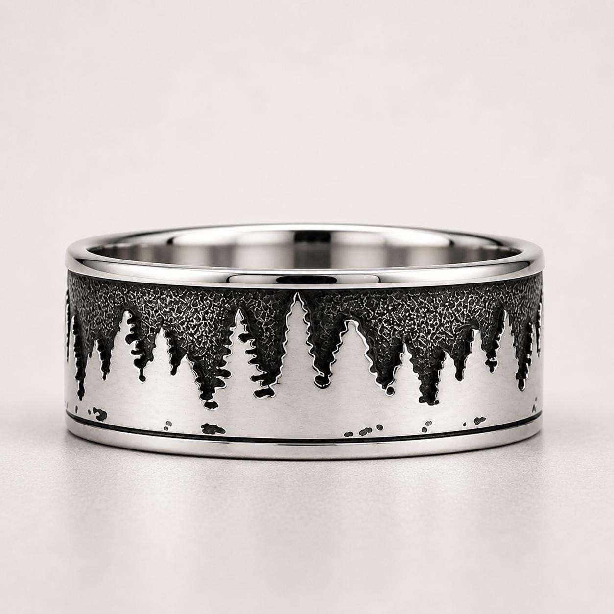 Sterling Silver Mountain and Trees Ring – Unisex Nature Landscape Band, Minimalist Forest Ring