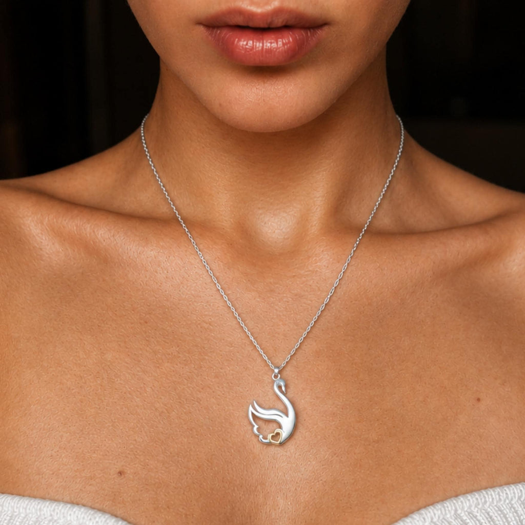 Swan Heart Necklace, Sterling Silver Pendant with Gold Heart, Love Necklace, Gift for Her