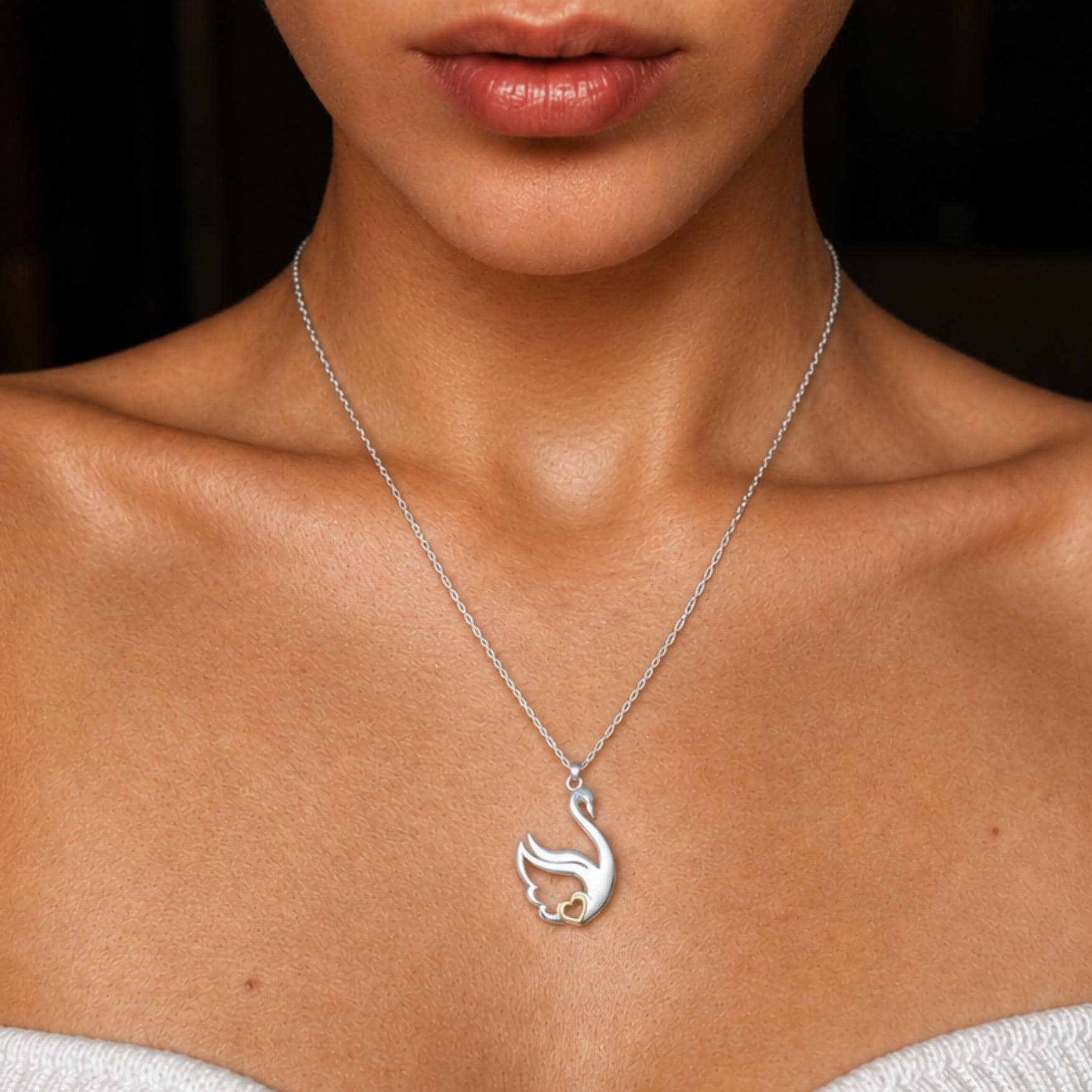 Swan Heart Necklace, Sterling Silver Pendant with Gold Heart, Love Necklace, Gift for Her