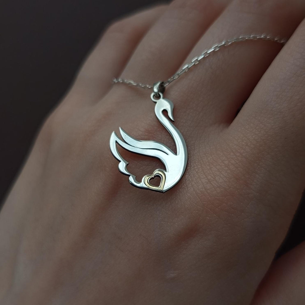 Swan Heart Necklace, Sterling Silver Pendant with Gold Heart, Love Necklace, Gift for Her
