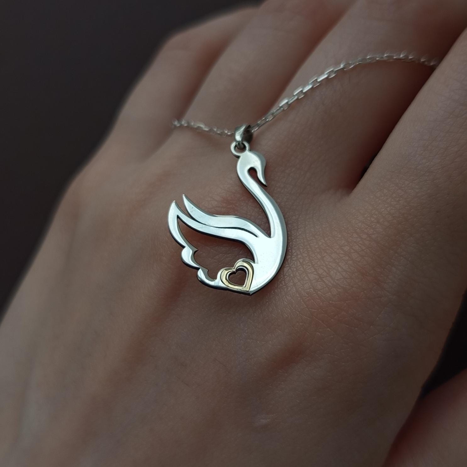 Swan Heart Necklace, Sterling Silver Pendant with Gold Heart, Love Necklace, Gift for Her