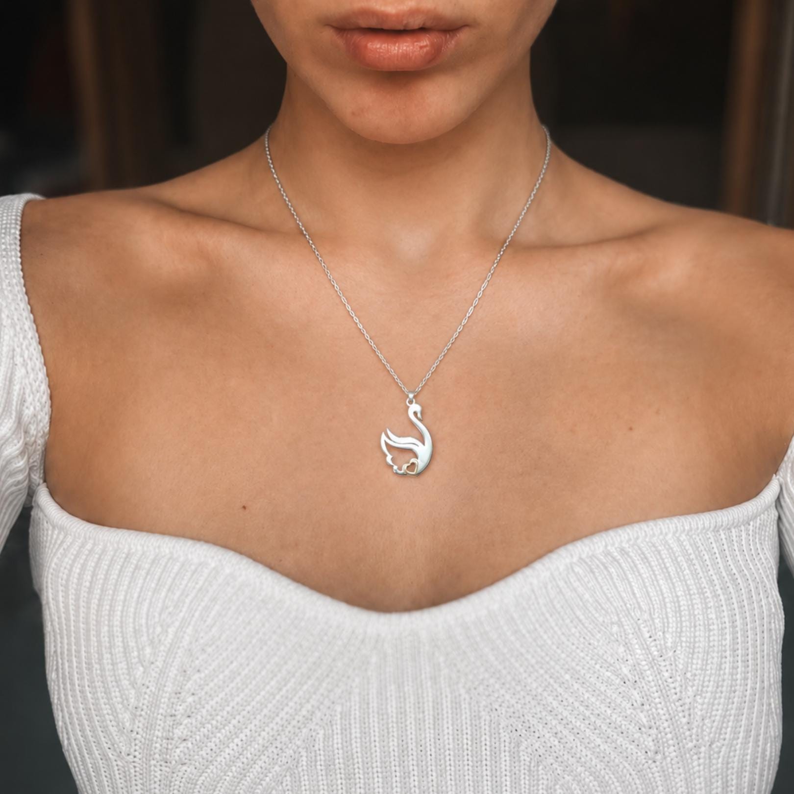 Swan Heart Necklace, Sterling Silver Pendant with Gold Heart, Love Necklace, Gift for Her